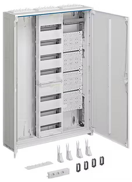 Otwarty rozdzielacz elektryczny z wieloma szynami montażowymi i zdejmowanymi pokrywami, przeznaczony do instalacji elementów elektrycznych.