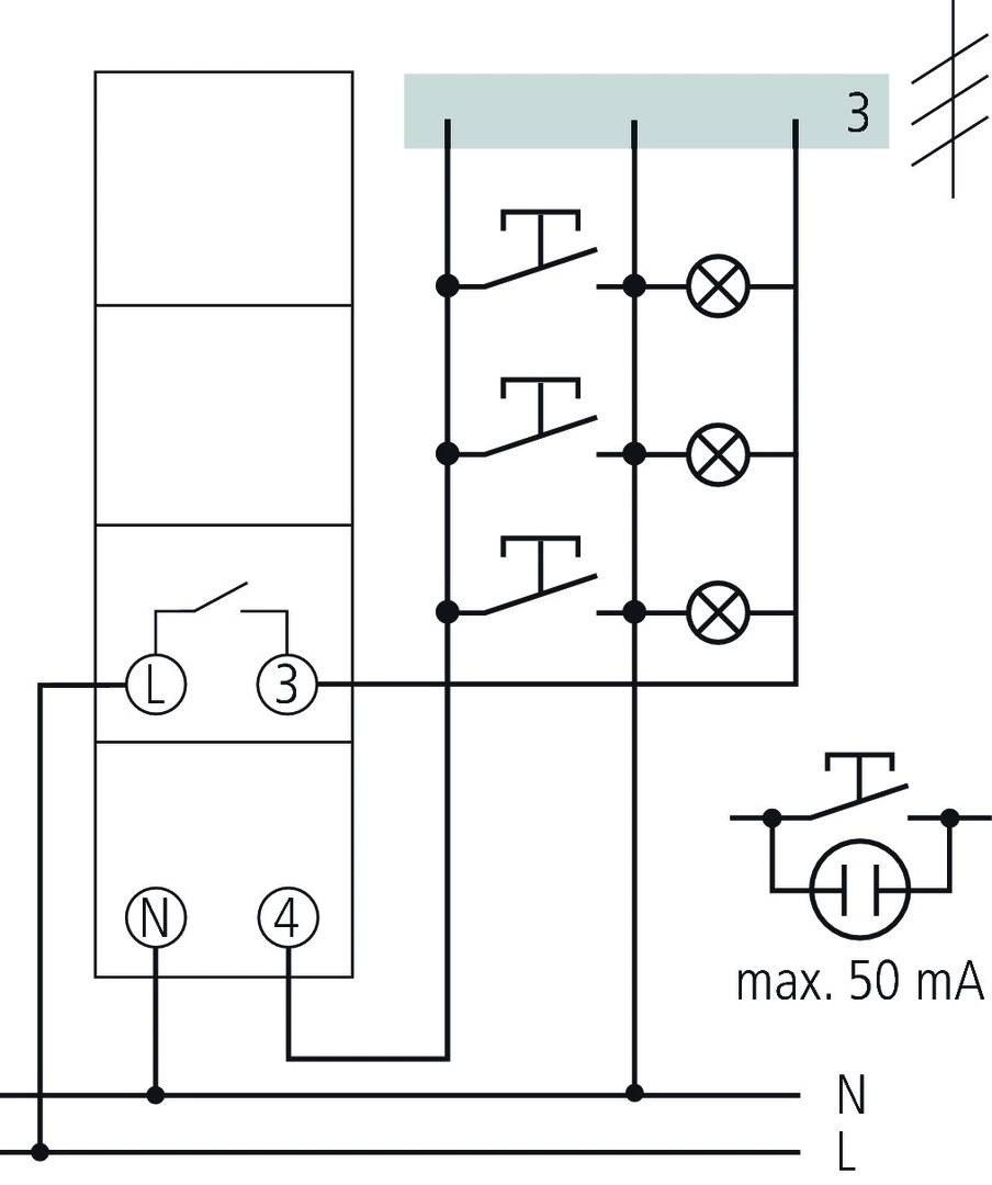Schemat elektrycznego obwodu z przełącznikami, żarówkami i bezpiecznikami, opisany napisem 'maks. 50 mA'.