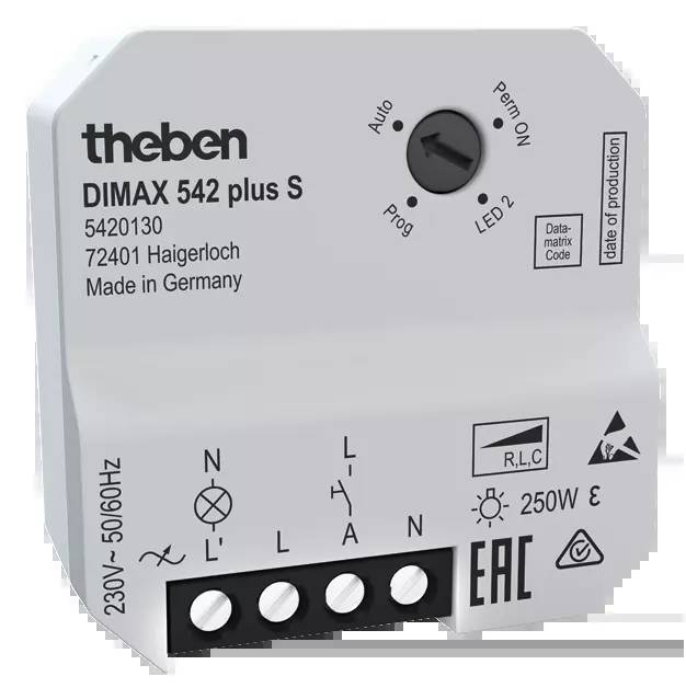 Programowalny ściemniacz Theben, model DIMAX 542 plus S, 250 W, odpowiedni dla 230V~ 50/60Hz, wyprodukowany w Niemczech.