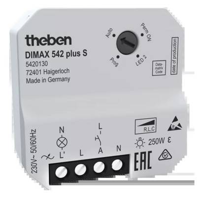 Programowalny ściemniacz Theben, model DIMAX 542 plus S, 250 W, odpowiedni dla 230V~ 50/60Hz, wyprodukowany w Niemczech.