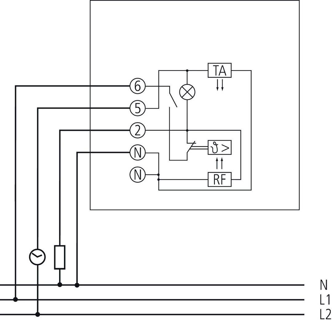 Schemat elektryczny systemu z transformatorem (TA), wieloma przewodami i przełącznikiem. Połączenia są ponumerowane.