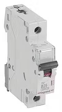 Biały wyłącznik nadprądowy Legrand, model TX3 B25, z czerwoną dźwignią do zarządzania bezpieczeństwem elektrycznym.