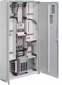 Otwarta szafa sterownicza ukazuje wewnętrzne okablowanie i komponenty elektryczne. Widocznych jest kilka listew rozdzielczych.