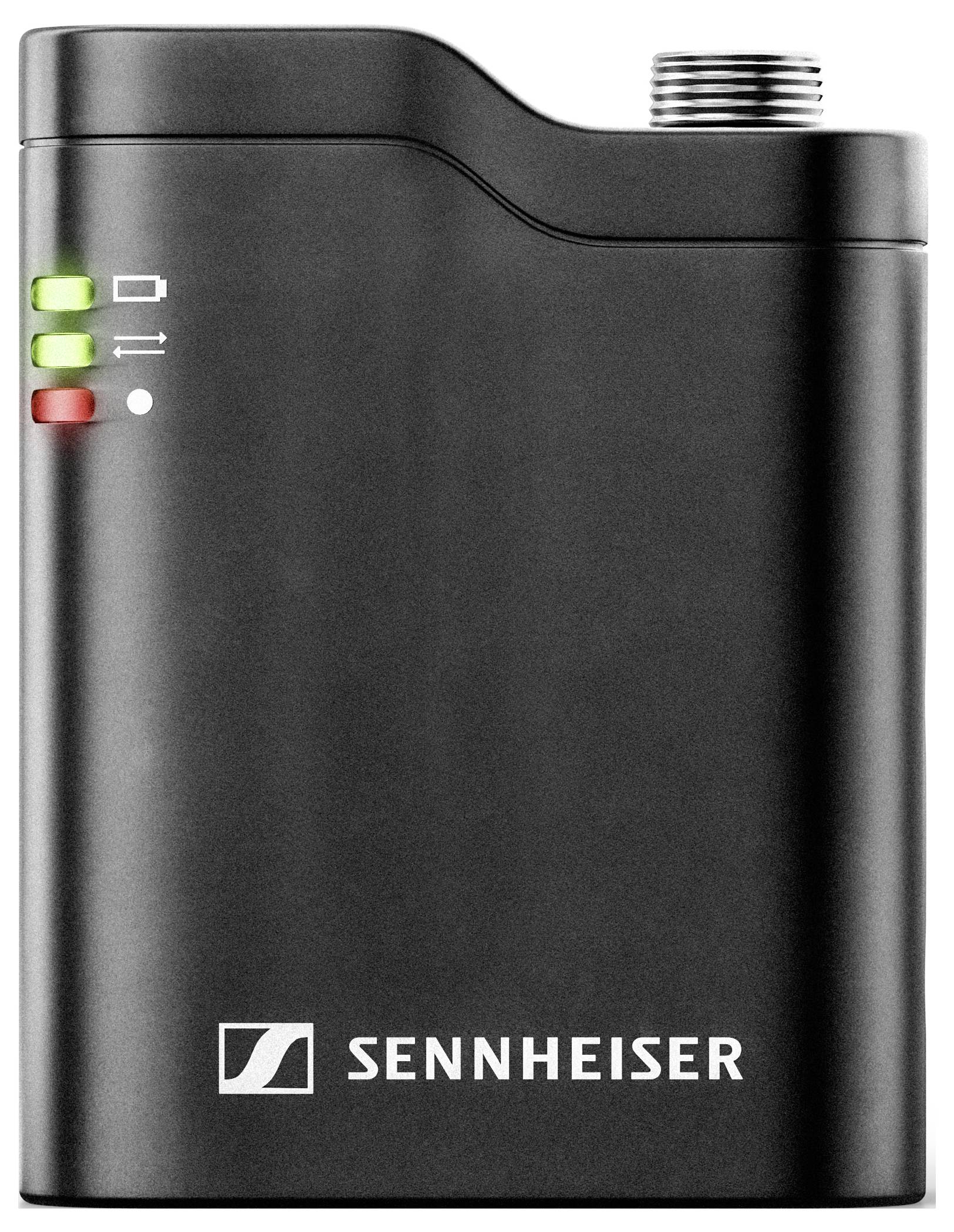 Czarny kieszonkowy nadajnik Sennheiser z anteną, wskaźnikami świetlnymi i logo marki, typowy osprzęt audio dla bezprzewodowych systemów mikrofonowych.