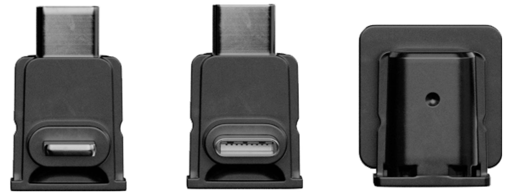 Trzy widoki czarnej wtyczki USB-C w obudowie adaptera. Przedstawione są widok z przodu, z boku i z tyłu.