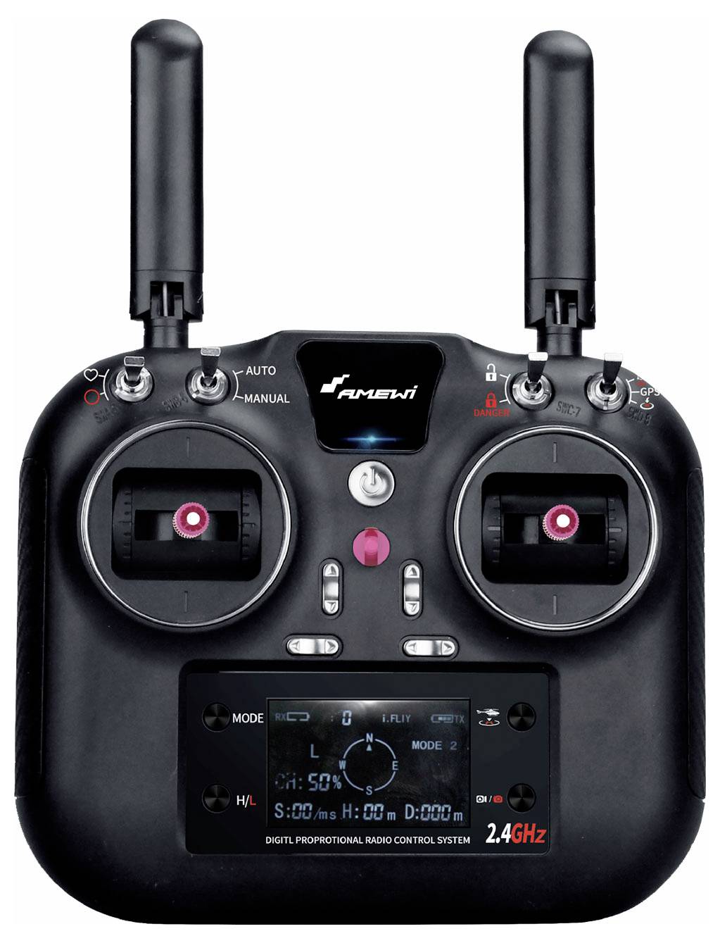 Czarna pilot ze wspornikami dwoma antenami i drążkami sterującymi. Na wyświetlaczu widoczne są ustawienia trybu oraz częstotliwości.