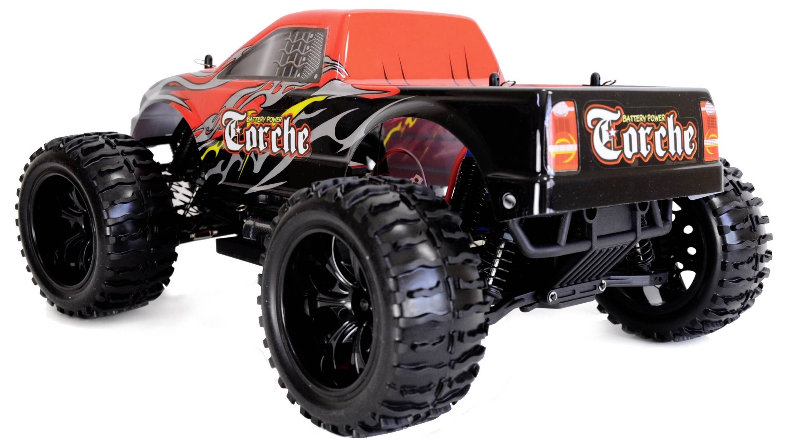 Zdalnie sterowane auto, z przodu czerwone, z tyłu czarne z wzorem płomieni i napisem 'Torche'. Duże, wytrzymałe opony do jazdy w terenie.