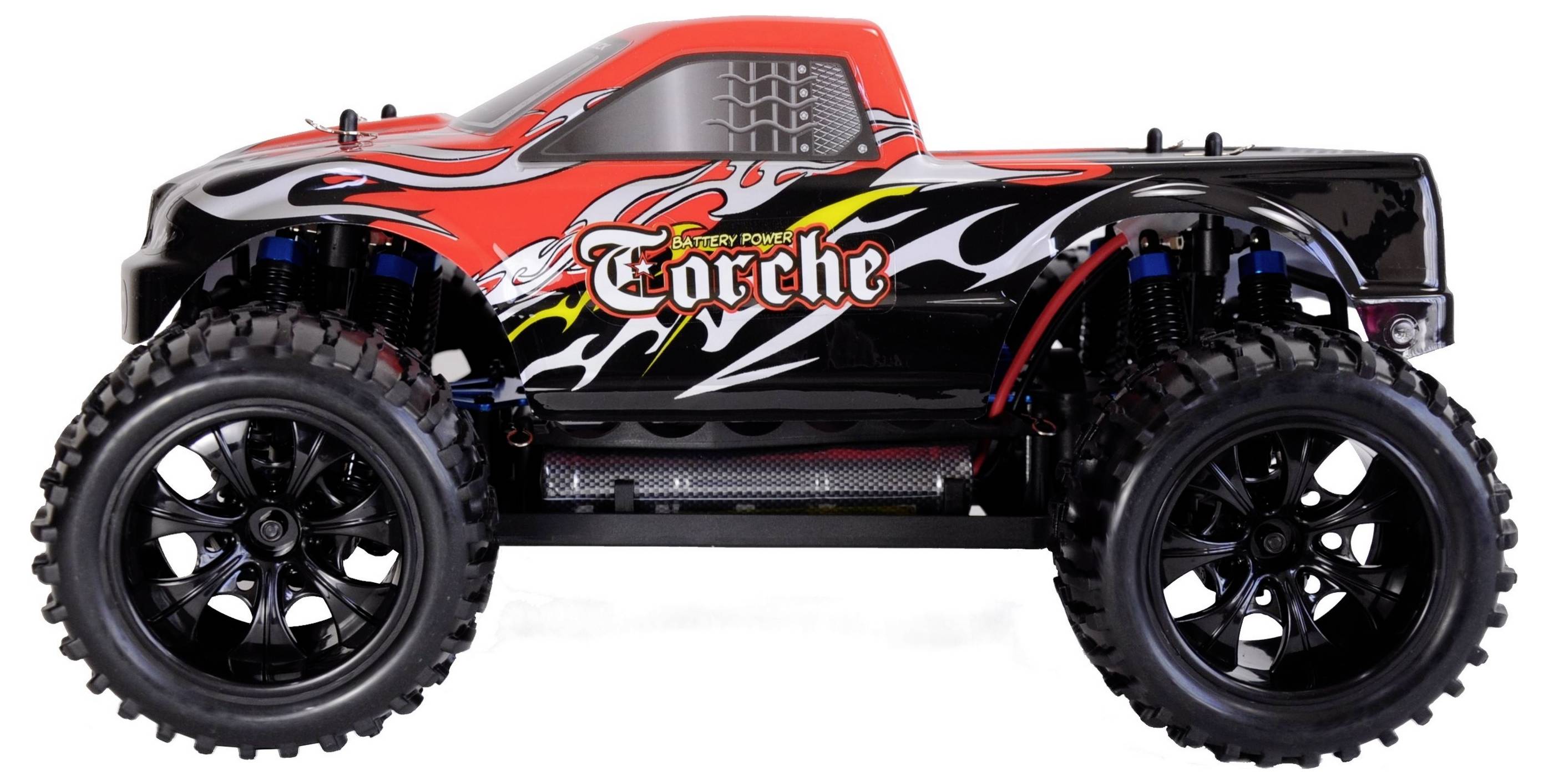 Czerwony samochód zdalnie sterowany z wzorem płomieni i napisem 'Torche' na boku, wyposażony w duże opony terenowe.