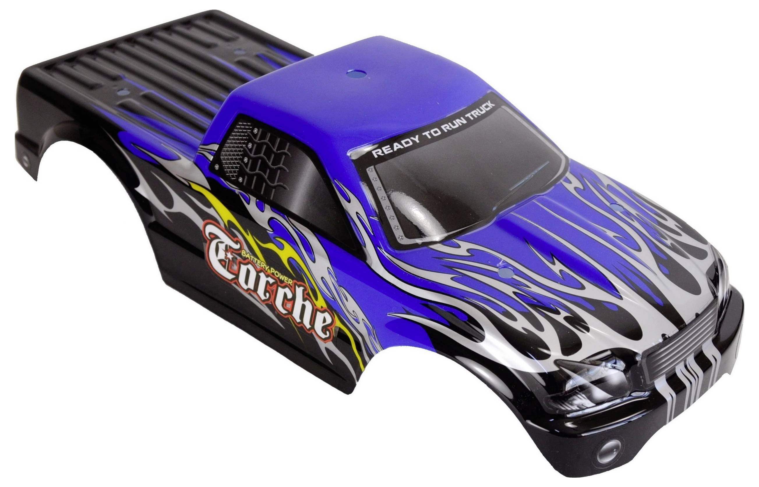 Niebieski zabawkowy samochód ciężarowy z czarnymi i srebrnymi płomieniami oraz napisem 'Torche' na boku.