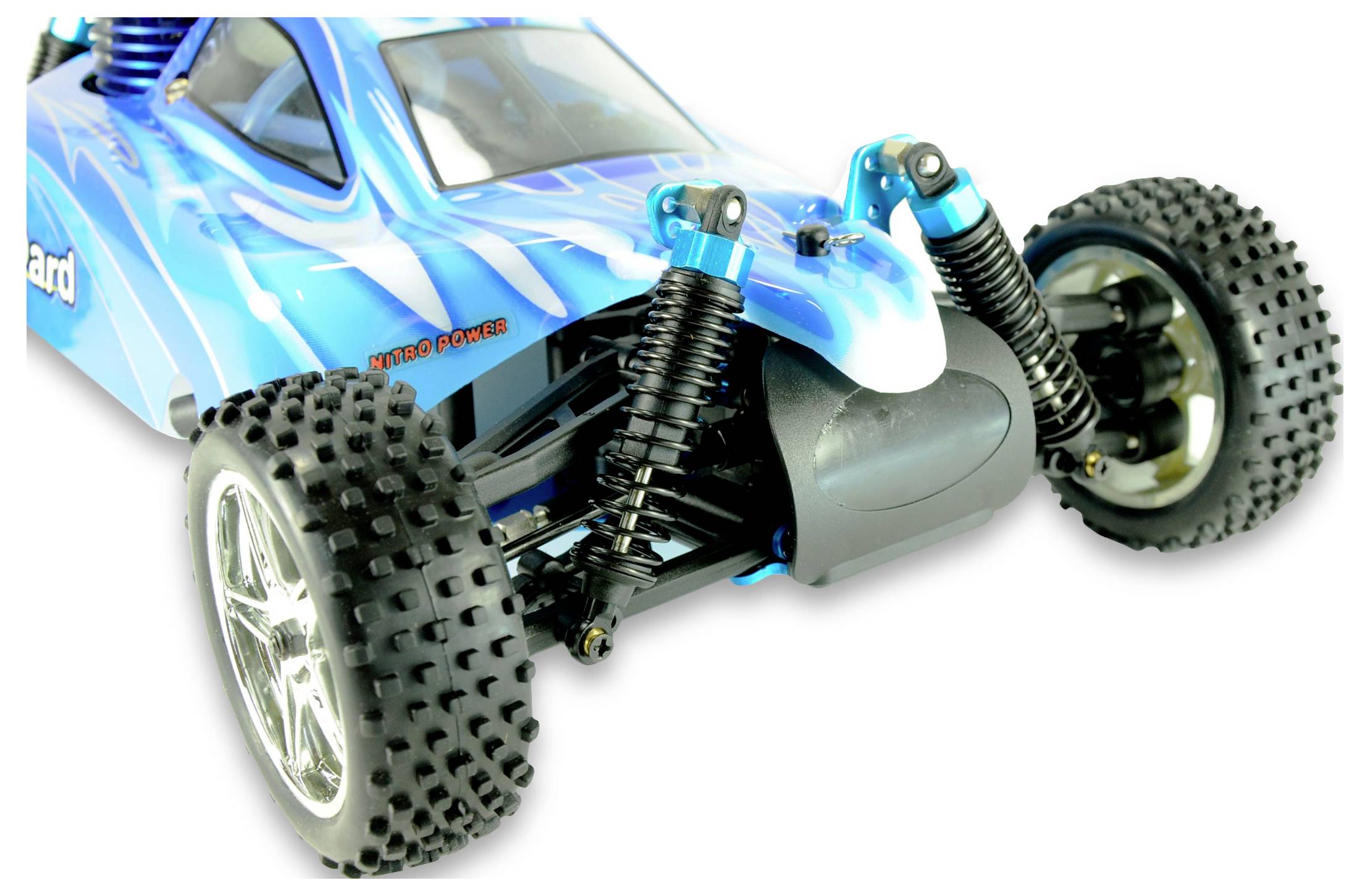 Zabawkowy samochód wyścigowy w kolorze niebieskim z wytrzymałymi oponami i zawieszeniem, gotowy do jazdy w terenie.