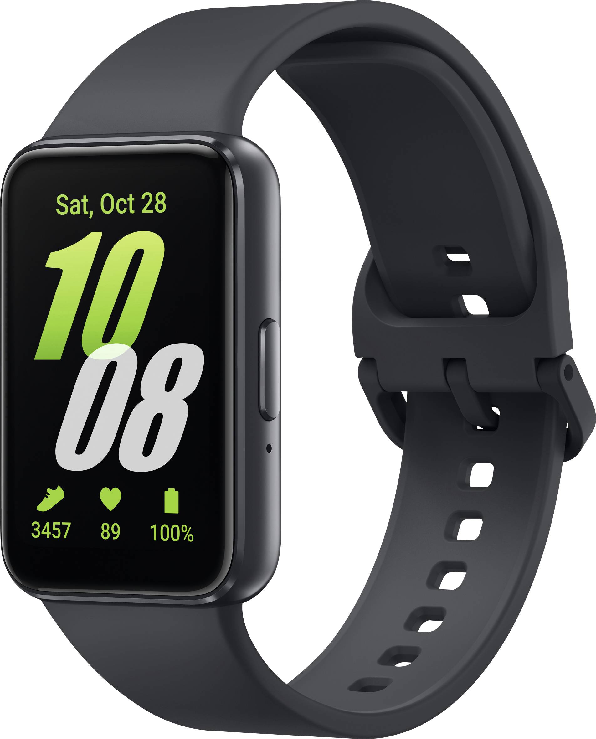 Czarny smartwatch z prostokątnym wyświetlaczem pokazuje datę 'Sob, 28 paź', duża liczba '1008', kroki '3457', częstotliwość pracy serca '89', poziom baterii '100%'.