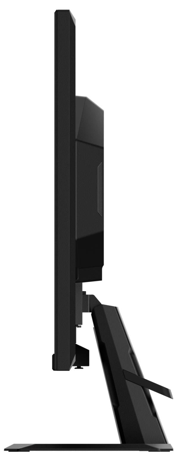 Widok z boku czarnego monitora komputerowego o smukłej sylwetce, umieszczonego na stabilnej podstawie.
