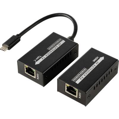 Dwa czarne konwertery sieciowe z portami HDMI i kablami przyłączeniowymi USB-C. Są przeznaczone do przesyłania sygnału wideo przez sieć Ethernet.