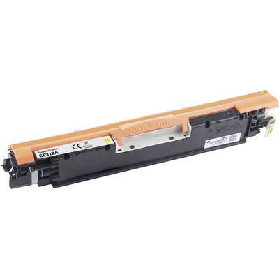 Żółty toner do drukarki laserowej o numerze modelu CE312A; odpowiedni do drukarek HP, opatrzony oznaczeniami bezpieczeństwa i recyklingu.