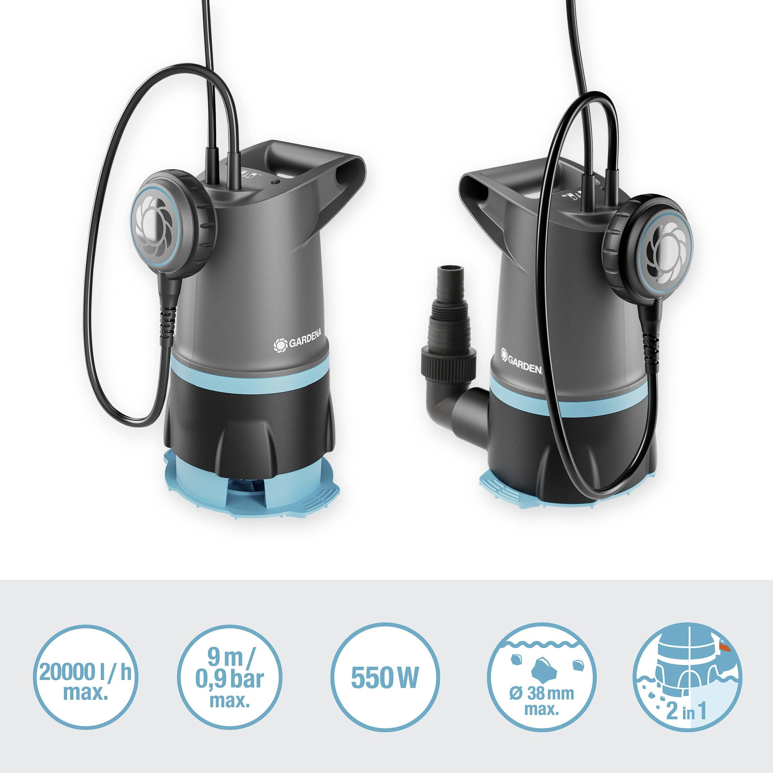 Dwie szare pompy ogrodowe z niebieskimi akcentami. Napisy: '20000 l/h maks.', '9 m/0,9 bar maks.', '550 W', '⌀ 38 mm maks.', '2 w 1'.