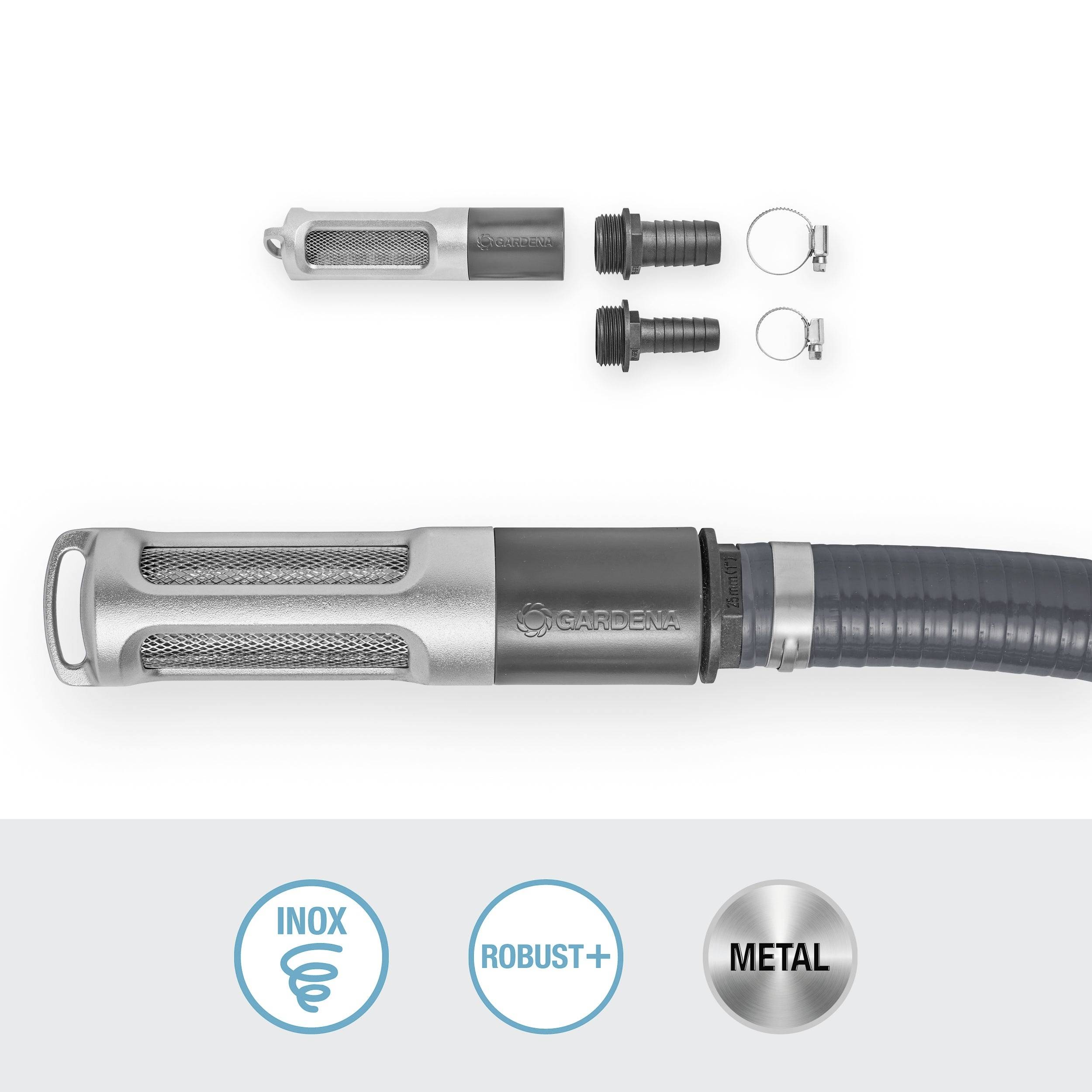 System podłączenia do ogrodu z metalowym zamknięciem i wytrzymałym adapterem do węża. Na górze obrazka widoczne są wymienne elementy.