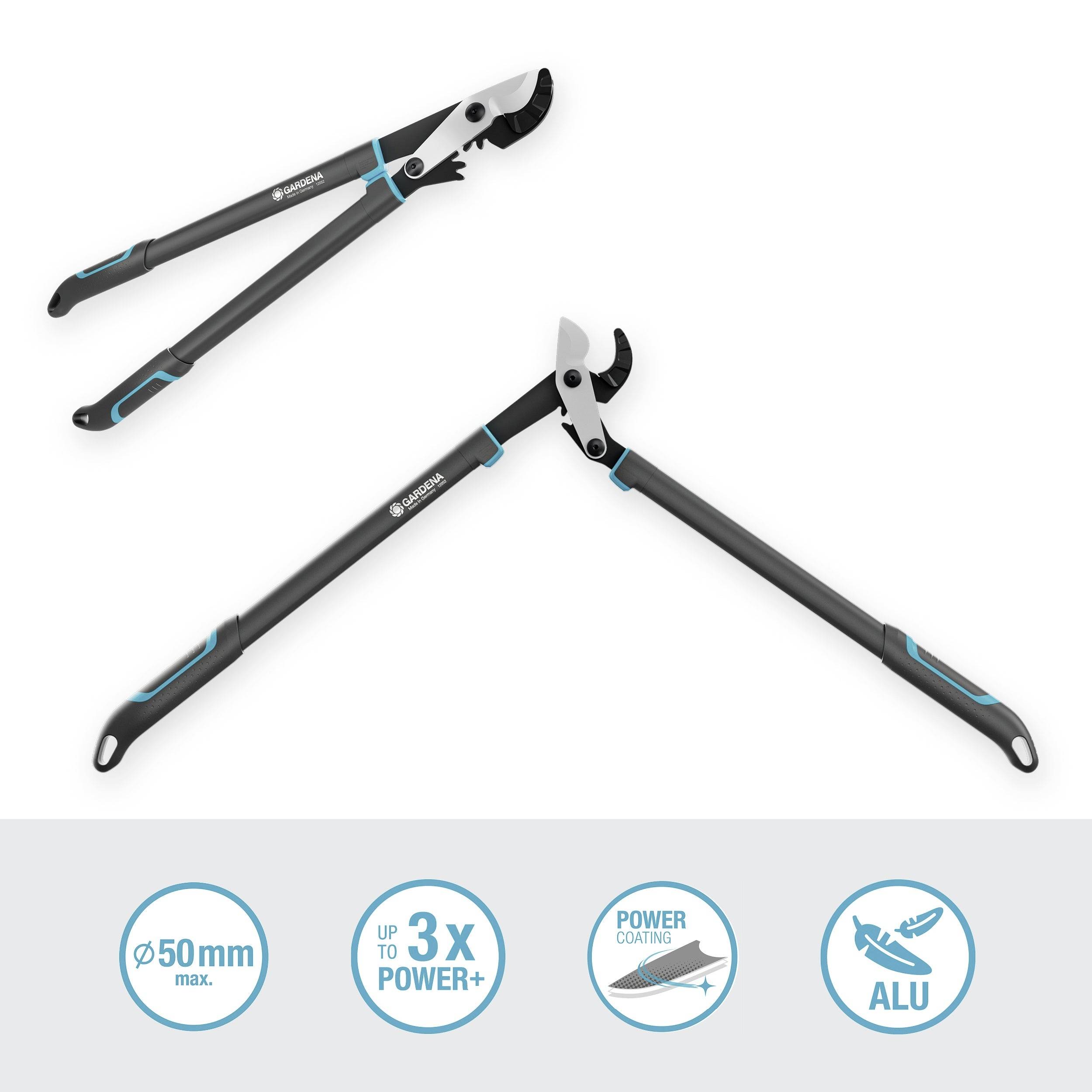 Sekator ogrodowy z długą rękojeścią do przycinania gałęzi. Logo i symbole wskazują: do Ø50mm, nawet 3-krotnie większa siła, powłoka wzmacniająca, wykonany z aluminium.