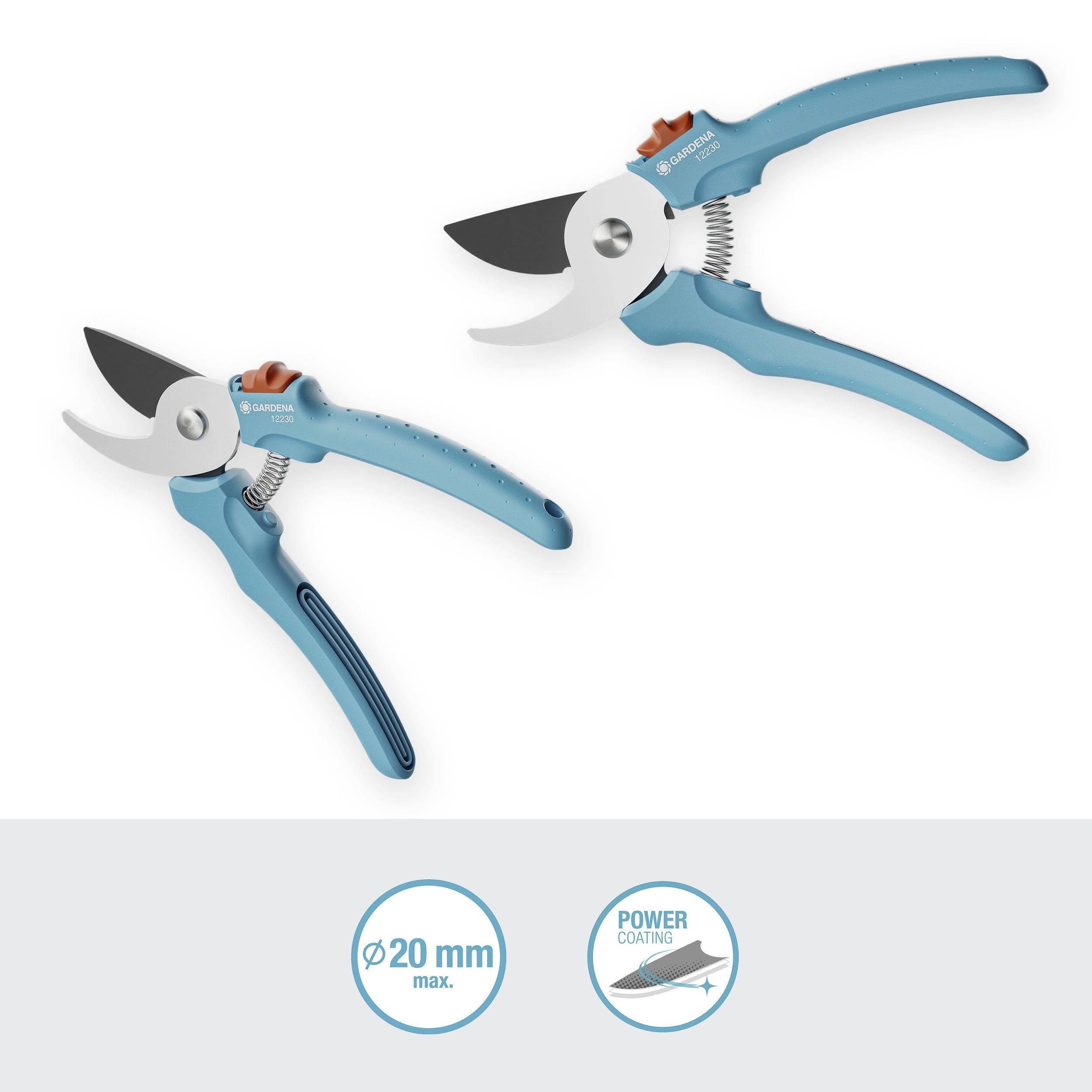Dwie niebieskie sekatory ogrodowe z ergonomicznymi uchwytami i powłoką przeciwprzylepną. Odpowiednie do cięcia gałęzi o średnicy do 20 mm.