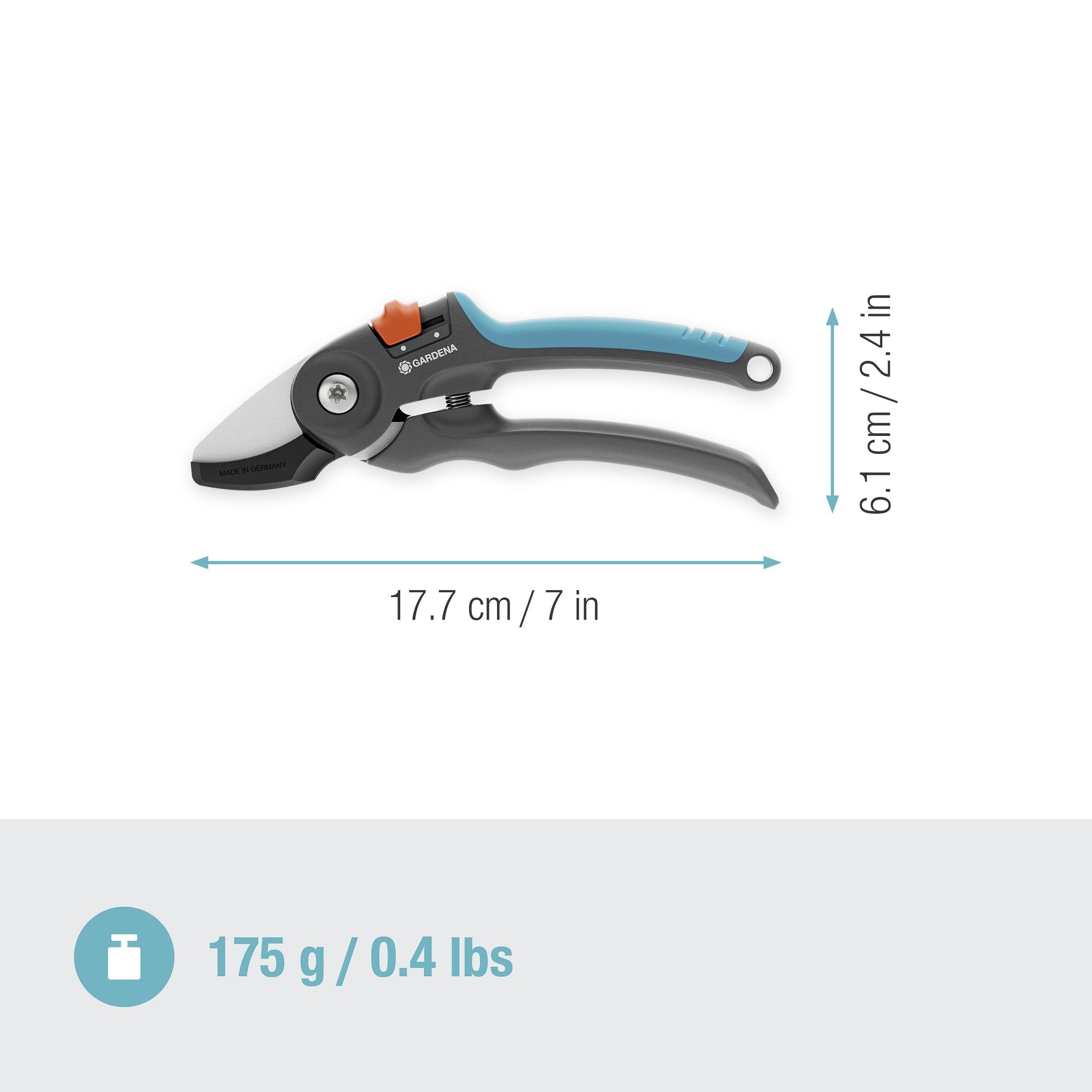 Nożyce ogrodowe z uchwytem w kolorze szarym i niebieskim, długość 17,7 cm, wysokość 6,1 cm, waga 175 g.