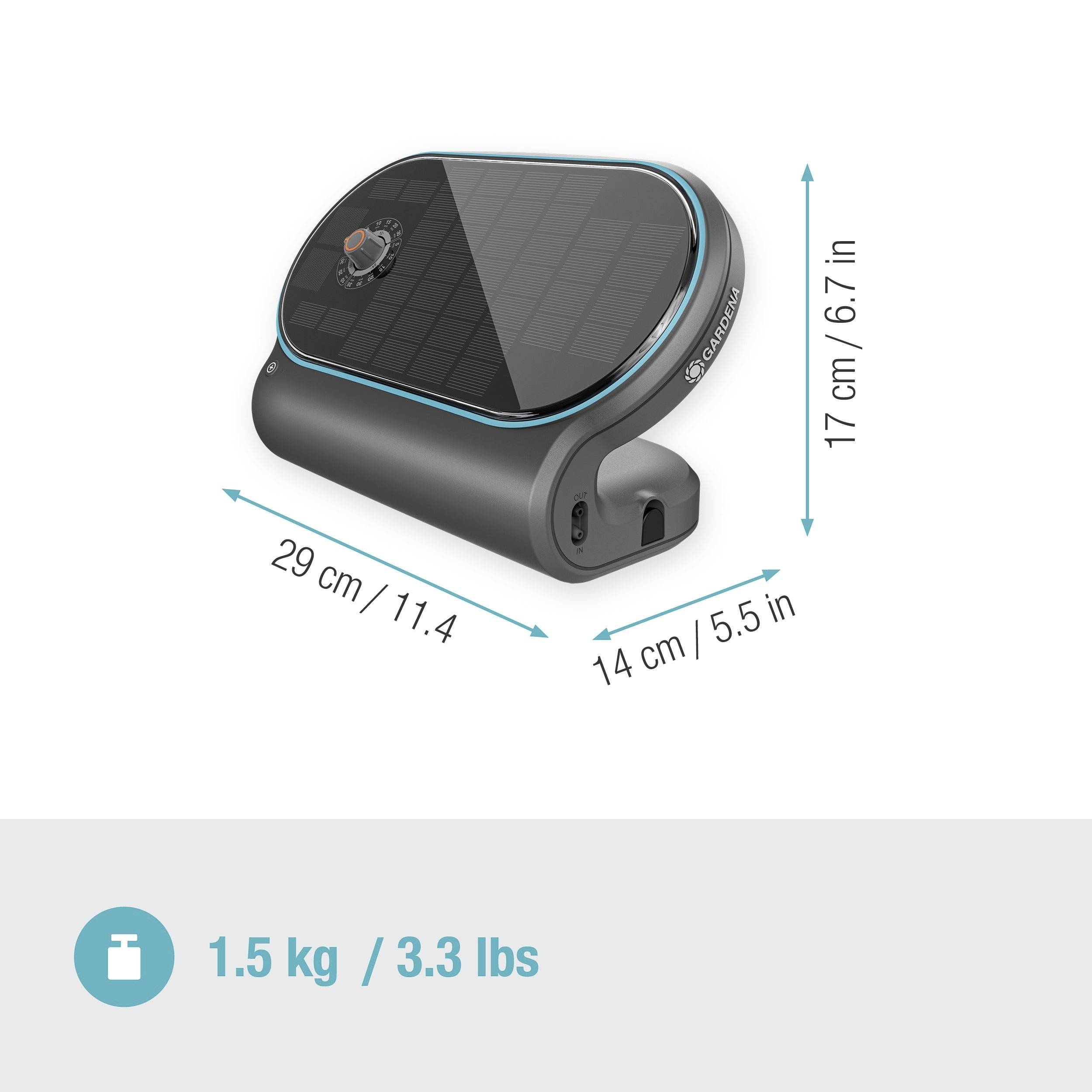 Przenośne, kątowe urządzenie w kolorze szarym z niebieską obwódką, o wymiarach 29 cm x 14 cm x 17 cm, waży 1,5 kg.