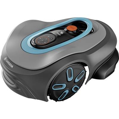 Robotyczny kosiarz firmy Gardena w kolorach niebieskim i czarnym, z elementami sterowania i logo firmy na przedniej części urządzenia.