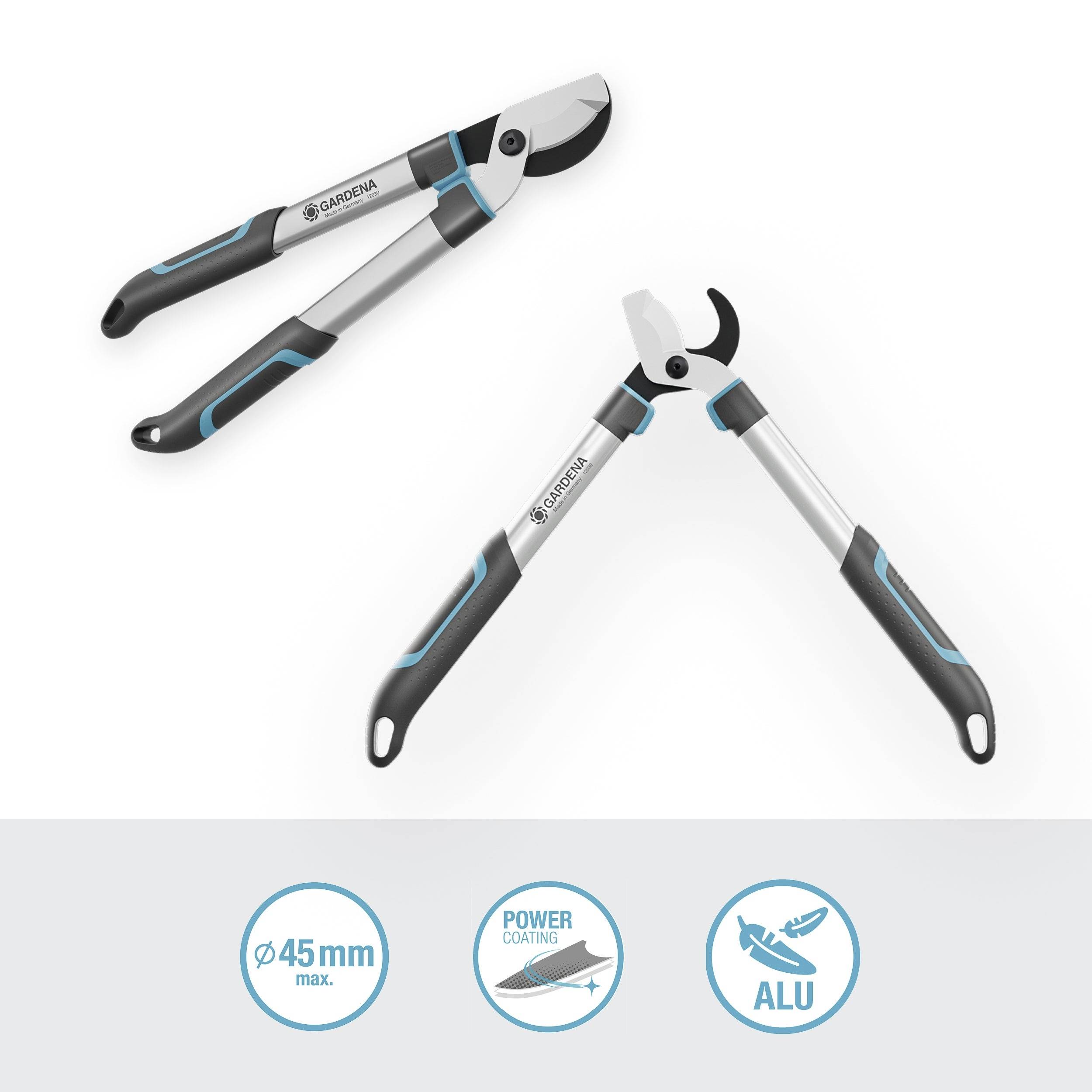Sekator Gardena z ergonomicznym uchwytem, stalowymi ostrzami. Symbole przedstawiają właściwości: średnica cięcia 45 mm, powłoka ochronna, aluminium.