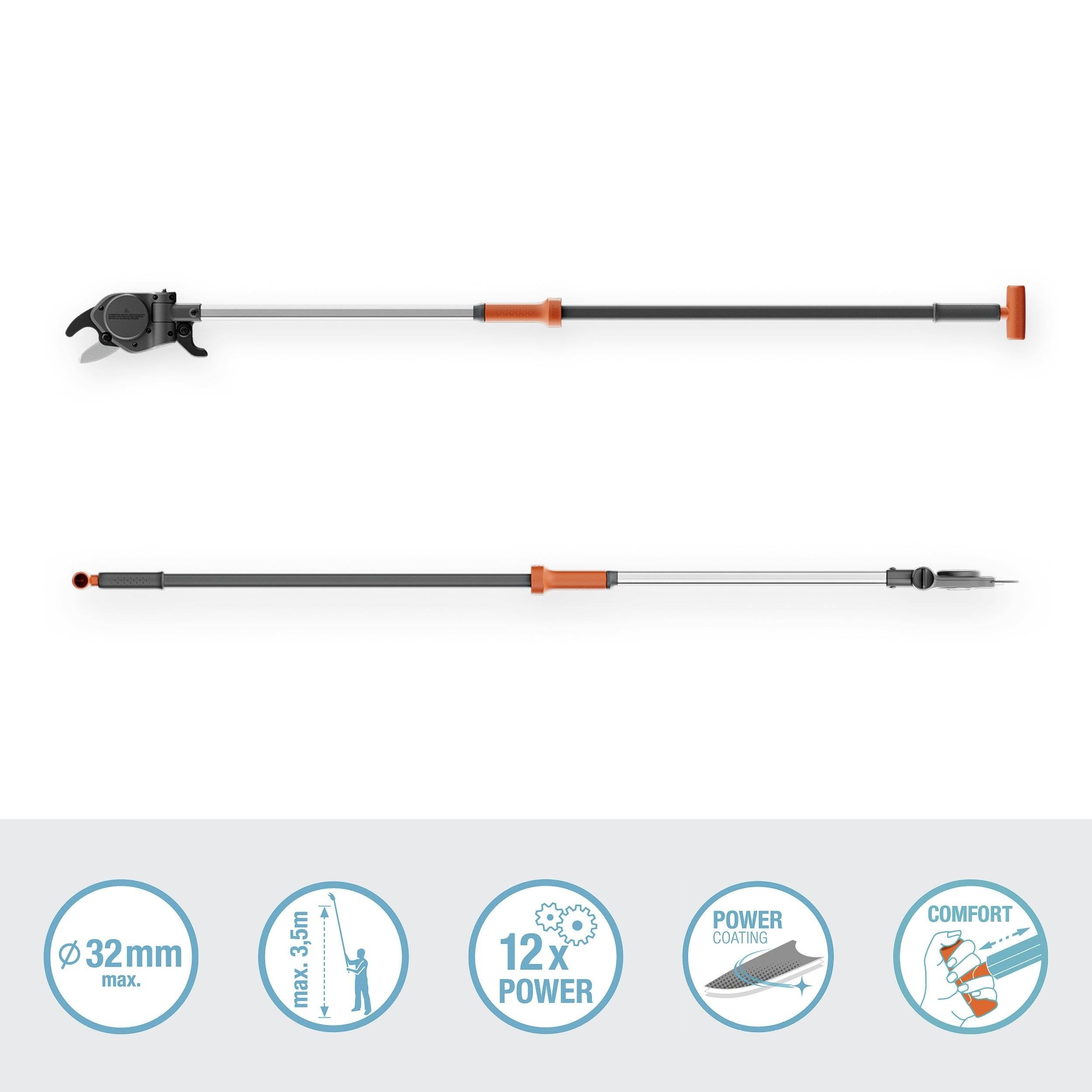 Sekator teleskopowy z maksymalną średnicą cięcia 32 mm i zasięgiem do 3,5 m. Cechy: 12-krotne wzmocnienie siły, powłoka przeciwprzywierająca, ergonomiczny uchwyt.