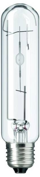 Żarówka z gwintem E27 i przezroczystą szklaną osłoną, ukazująca wewnątrz spiralę żarową i elektrody, typowa dla lamp halogenowych.