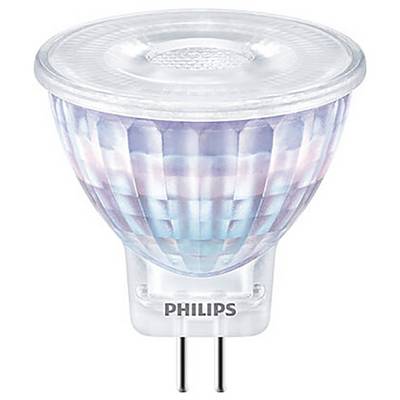 Żarówka LED Philips, MR16 GU5.3, o przezroczystej konstrukcji, przeznaczona do użytku w energooszczędnych oprawach świetlnych.
