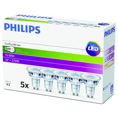 Opakowanie z pięcioma żarówkami LED firmy Philips, 355 lumenów, 2700K, odpowiednie do oprawki GU10. Energooszczędne, żywotność 15.000 godzin.