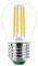 Żarówka LED z przezroczystą obudową i widocznymi żółtymi filamentami, imitująca tradycyjną żarówkę.