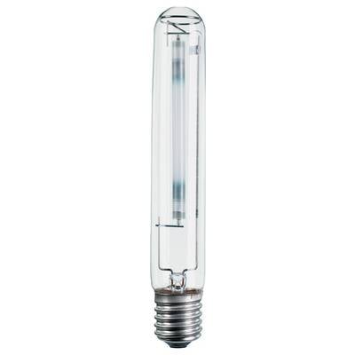 Przezroczysta lampa wyładowcza wysokociśnieniowa w kształcie cylindra z metalową podstawą.