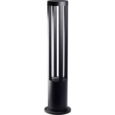 Czarna, cylindryczna lampa stojąca z pionowymi prętami i nowoczesnym designem.