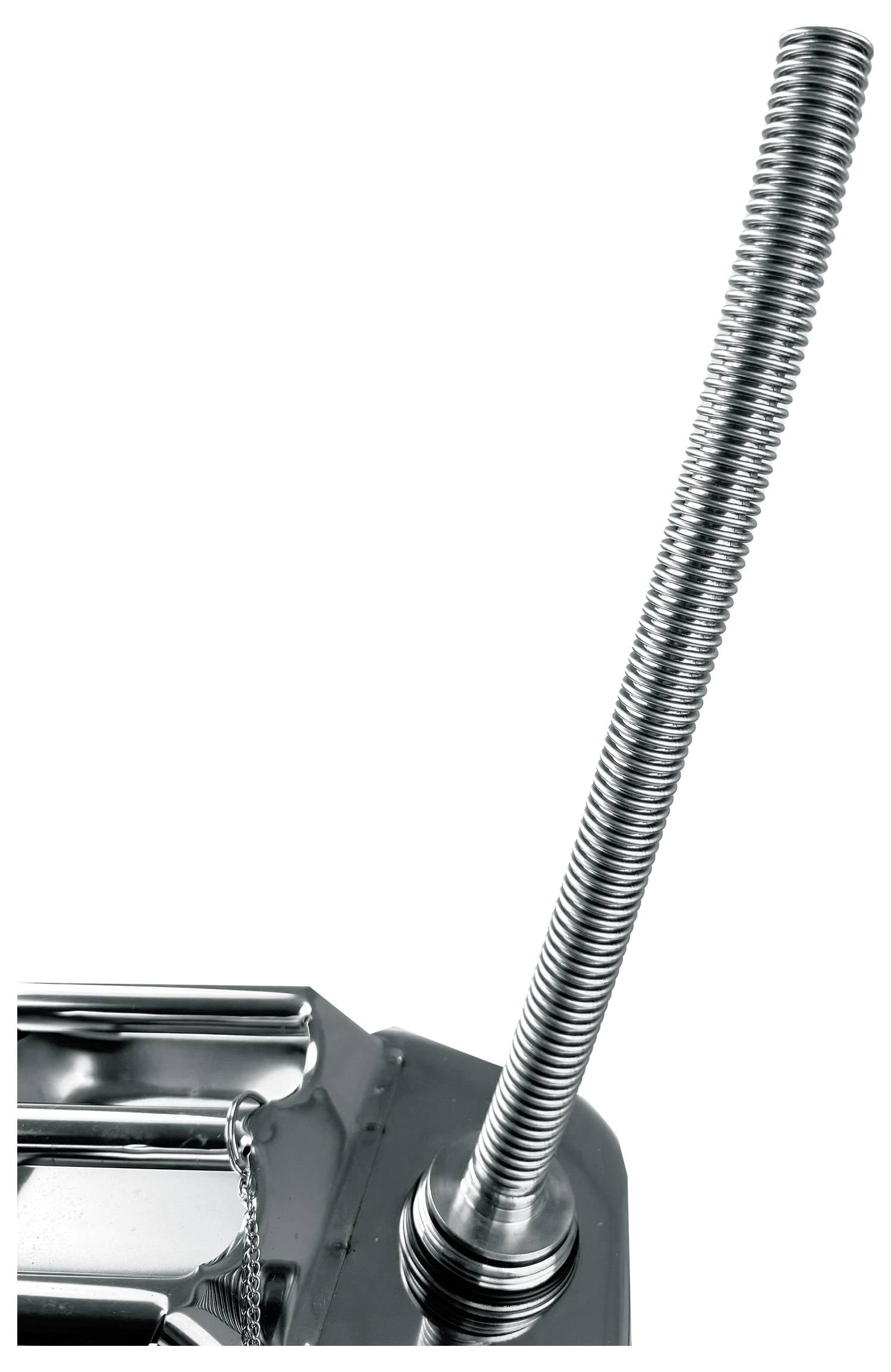 Metalowy kanister z elastyczną wylewką służącą do tankowania. Kanister jest błyszczący i posiada solidną konstrukcję.