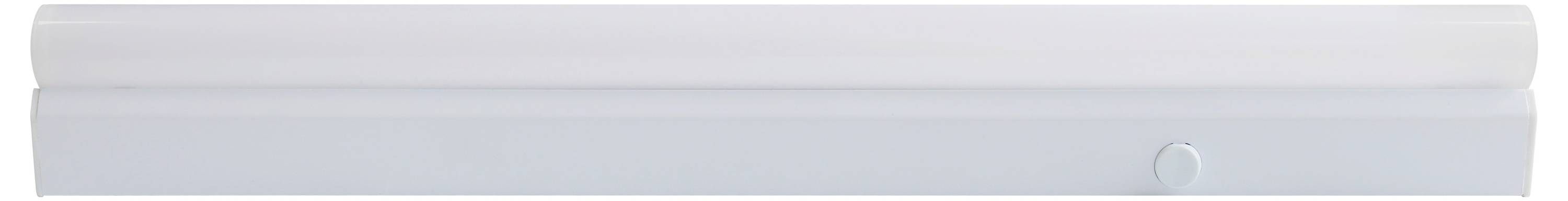 Biała lampa LED o płaskiej konstrukcji z bocznym włącznikiem na białym tle. Idealna do prostych rozwiązań oświetleniowych.