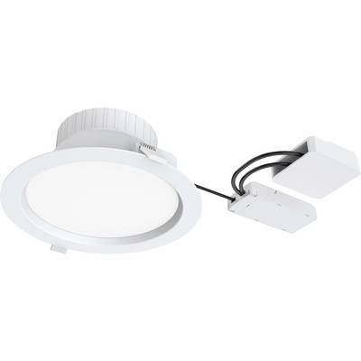 Okrągły sufitowy reflektor LED z podłączonym zasilaczem. Nowoczesny, płaski design, utrzymany głównie w kolorze białym. Odpowiedni do montażu sufitowego.