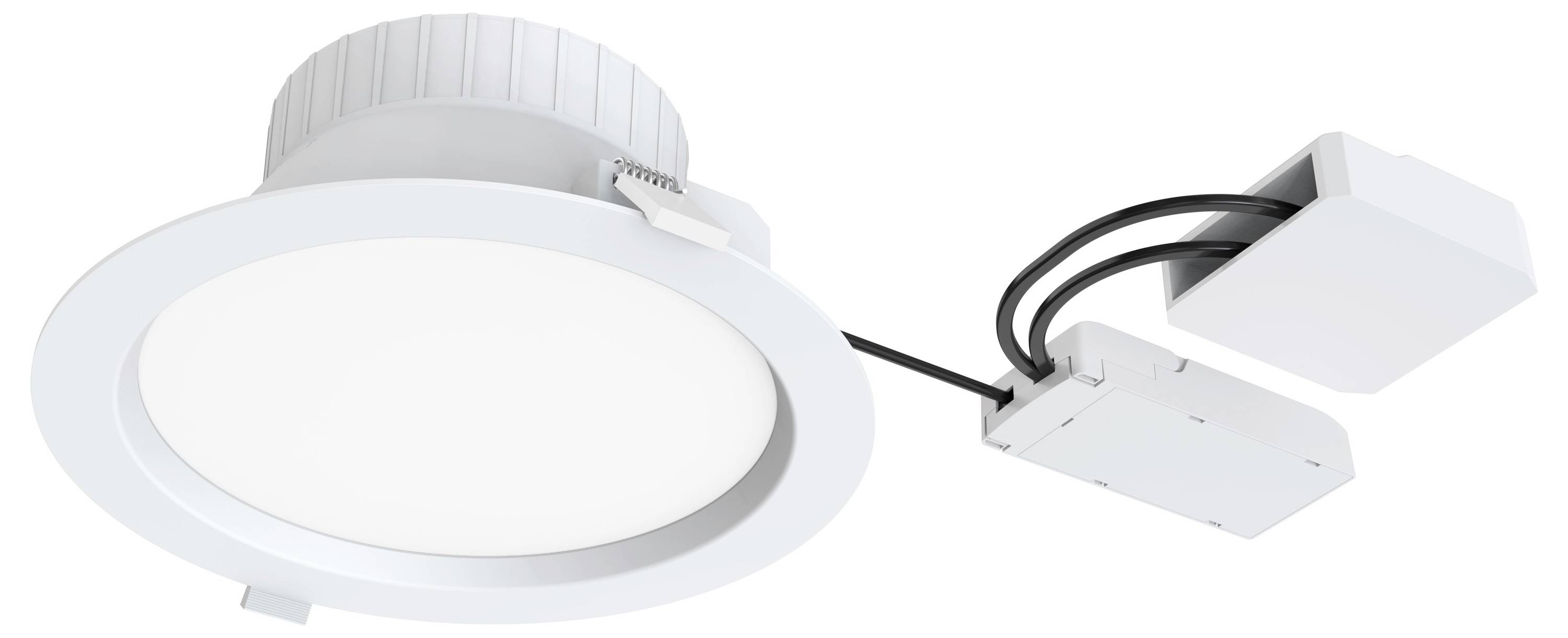 Biała wpuszczana lampa LED o okrągłym kształcie z zewnętrznym zasilaczem, przeznaczona do montażu sufitowego.