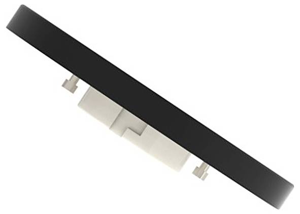 Widok z boku płaskiego, okrągłego światła LED z czarną ramką i białym elementem przyłączeniowym pośrodku.