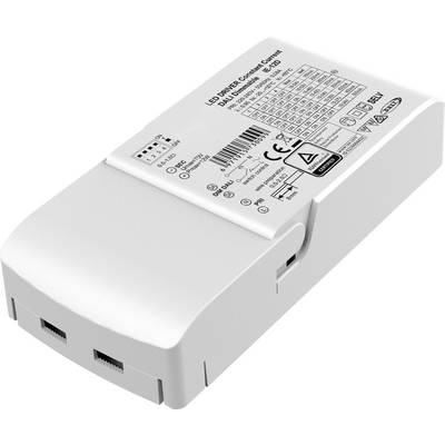 Biały sterownik LED z technicznym nadrukiem przedstawiającym różne specyfikacje i certyfikaty, umieszczony na białej powierzchni.