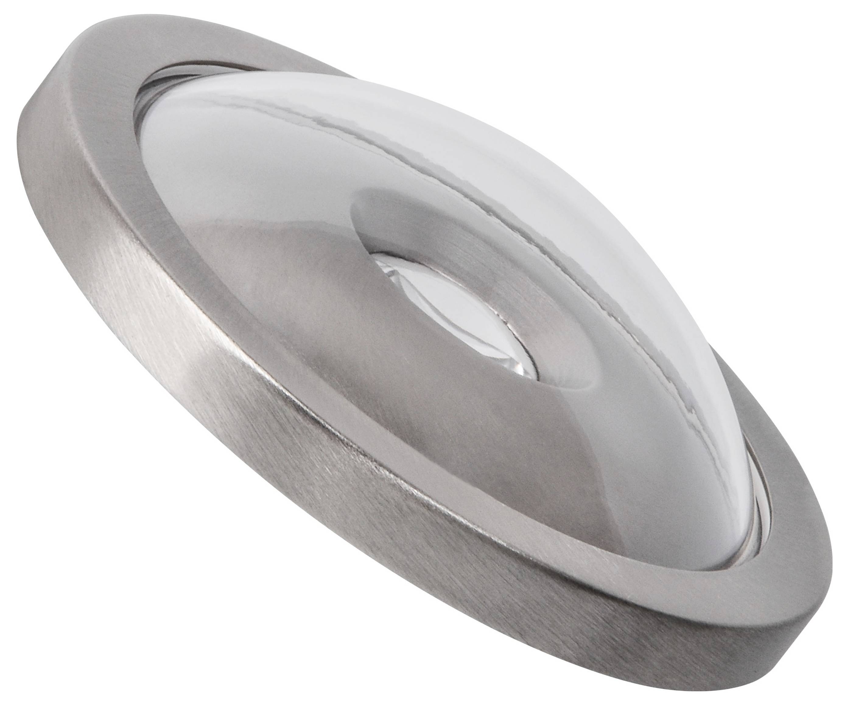 Okrągły reflektor LED z obudową z szczotkowanego metalu i przezroczystą osłoną, prezentujący nowoczesny design, nadający się do różnych instalacji.