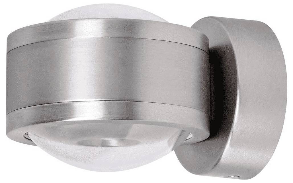 Nowoczesna, okrągła lampa ścienna z nierdzewnej stali, wyposażona w zakrzywiony, przezroczysty dyfuzor szklany, idealna do minimalistycznych wnętrz.