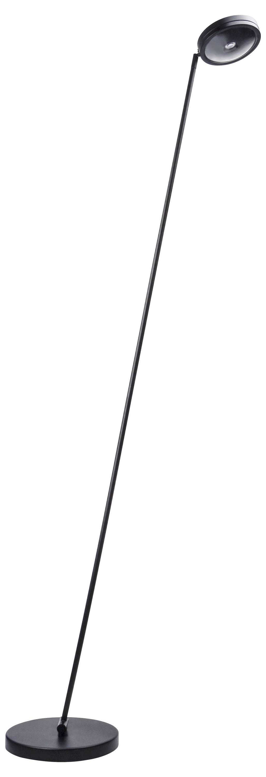 Lampa stojąca z smukłą, czarną podstawą i okrągłym kloszem. Idealna do nowoczesnego salonu.