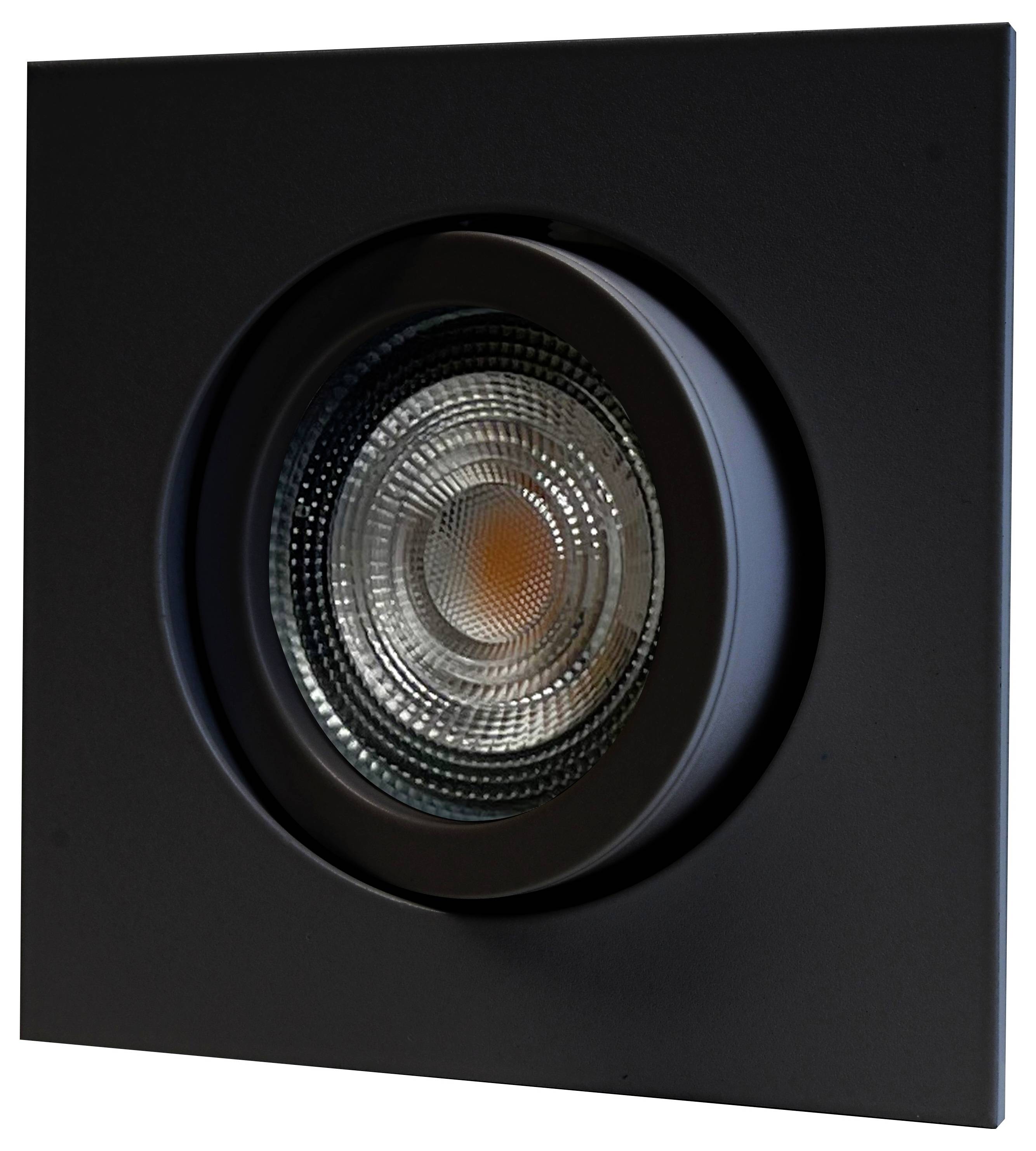 Czarny kwadratowy wpust LED z okrągłym szklanym dyfuzorem pośrodku, odpowiedni do nowoczesnego oświetlenia wnętrz.