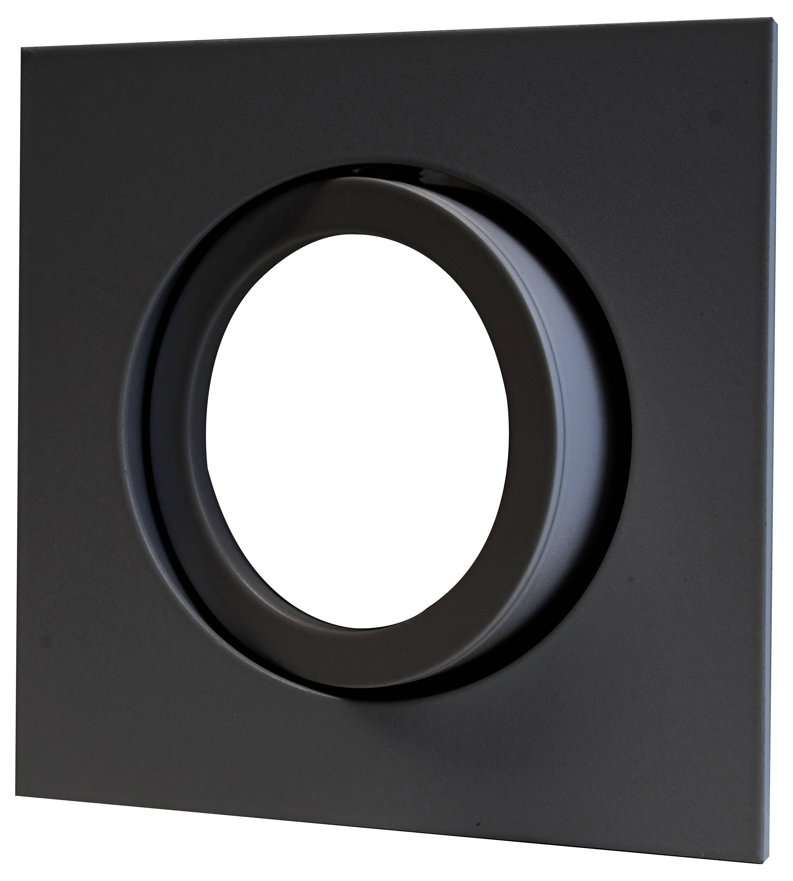 Czarny kwadratowy ramka z dużym okrągłym wycięciem pośrodku. Minimalistyczny design, koncentracja na formie.