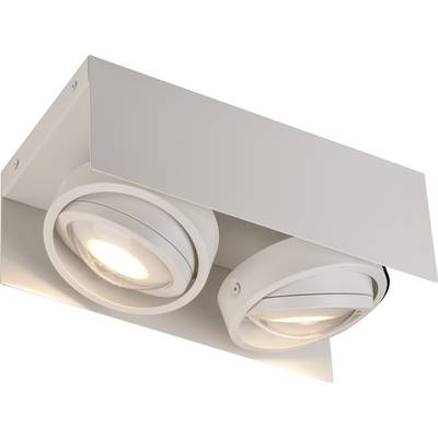 Biała lampa sufitowa z dwoma okrągłymi, obrotowymi źródłami światła. Nowoczesny, minimalistyczny design. Idealna do wnętrz.