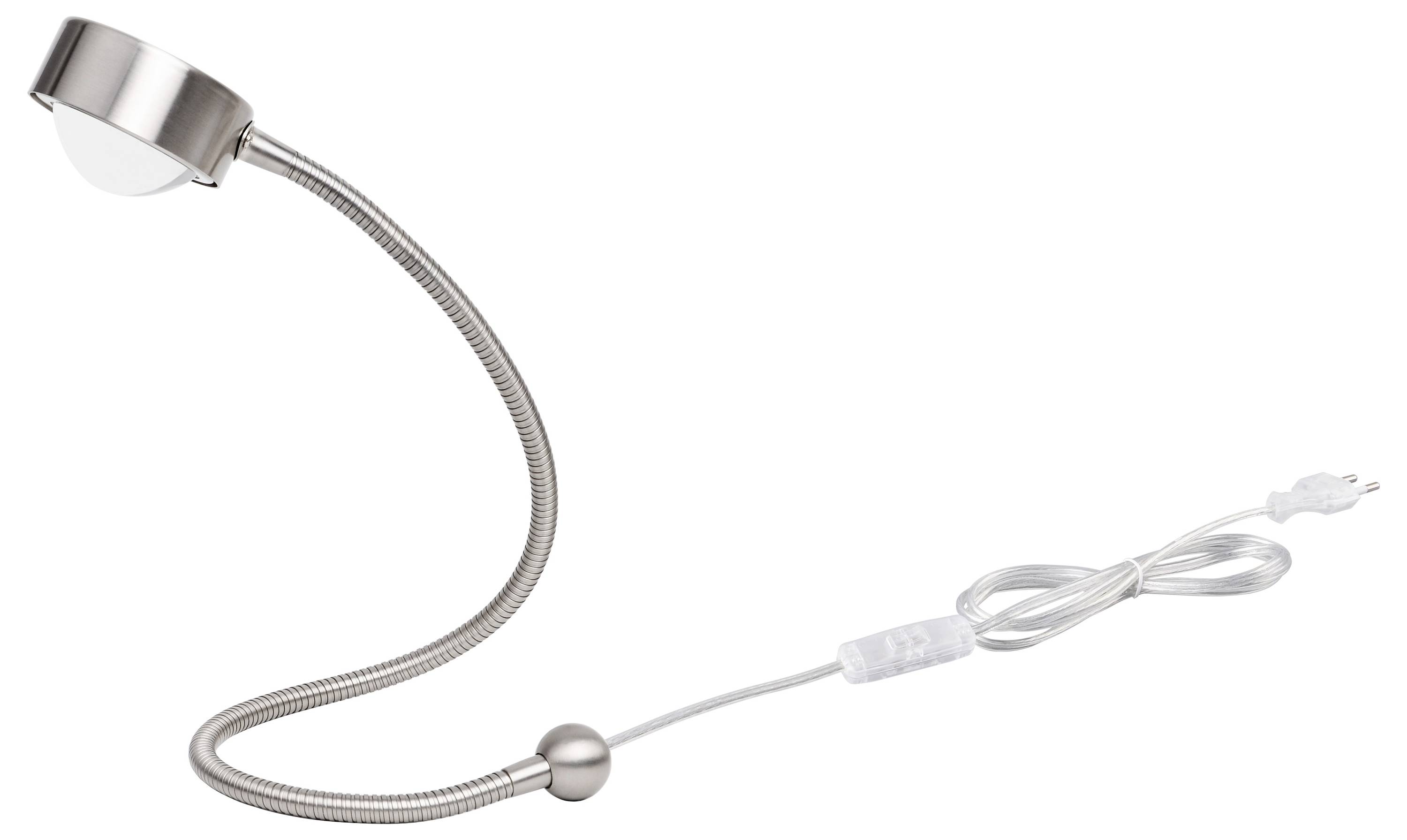 Metalowa lampka LED z elastycznym ramieniem typu "łabędzia szyja" i przezroczystym przewodem sieciowym, doskonała do precyzyjnego oświetlenia podczas czytania.
