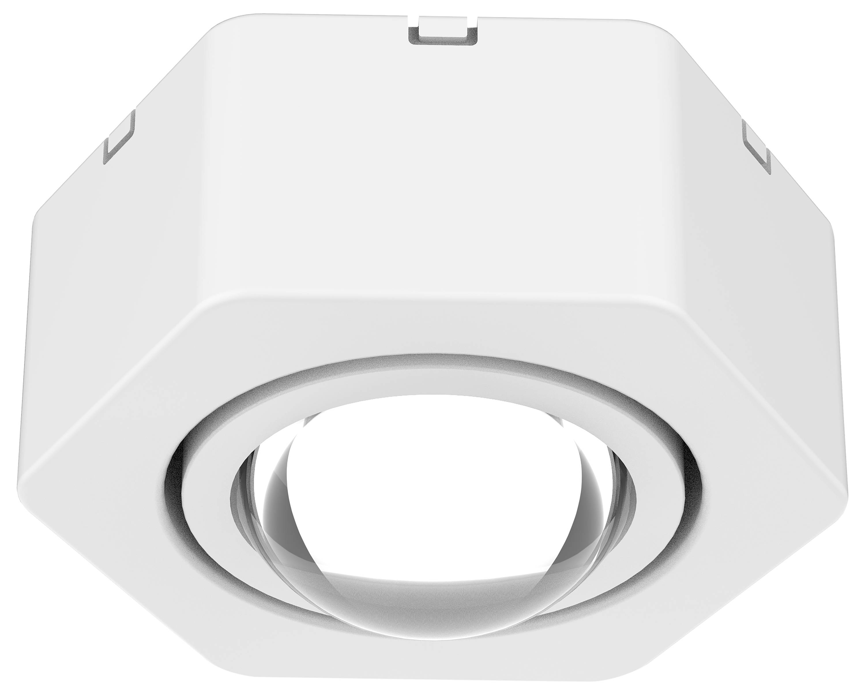 Biały, sześciokątny obiekt z elementem przypominającym soczewkę w centrum.