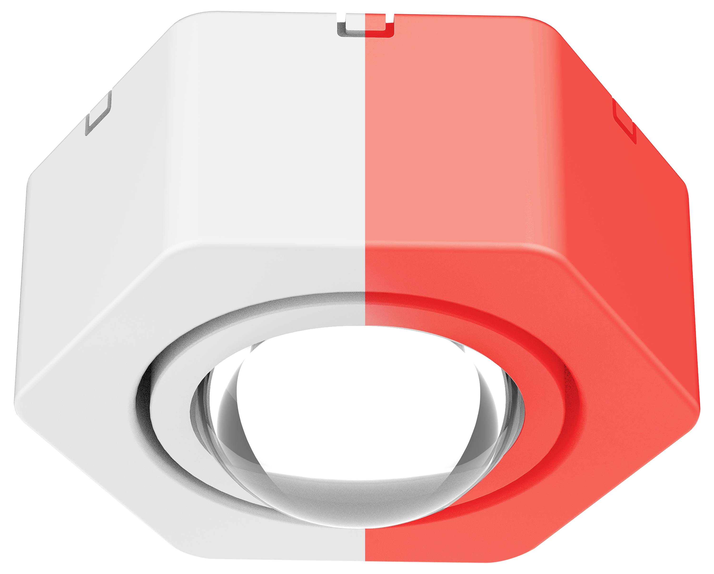 Sześciokątny, dwukolorowy (biało-czerwony) obiekt z okrągłą, przezroczystą częścią środkową.