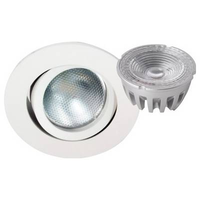Wpuszczana biała lampa LED o okrągłej osłonie z odbijającym światło wnętrzem, obok niej zapasowa lampa LED.