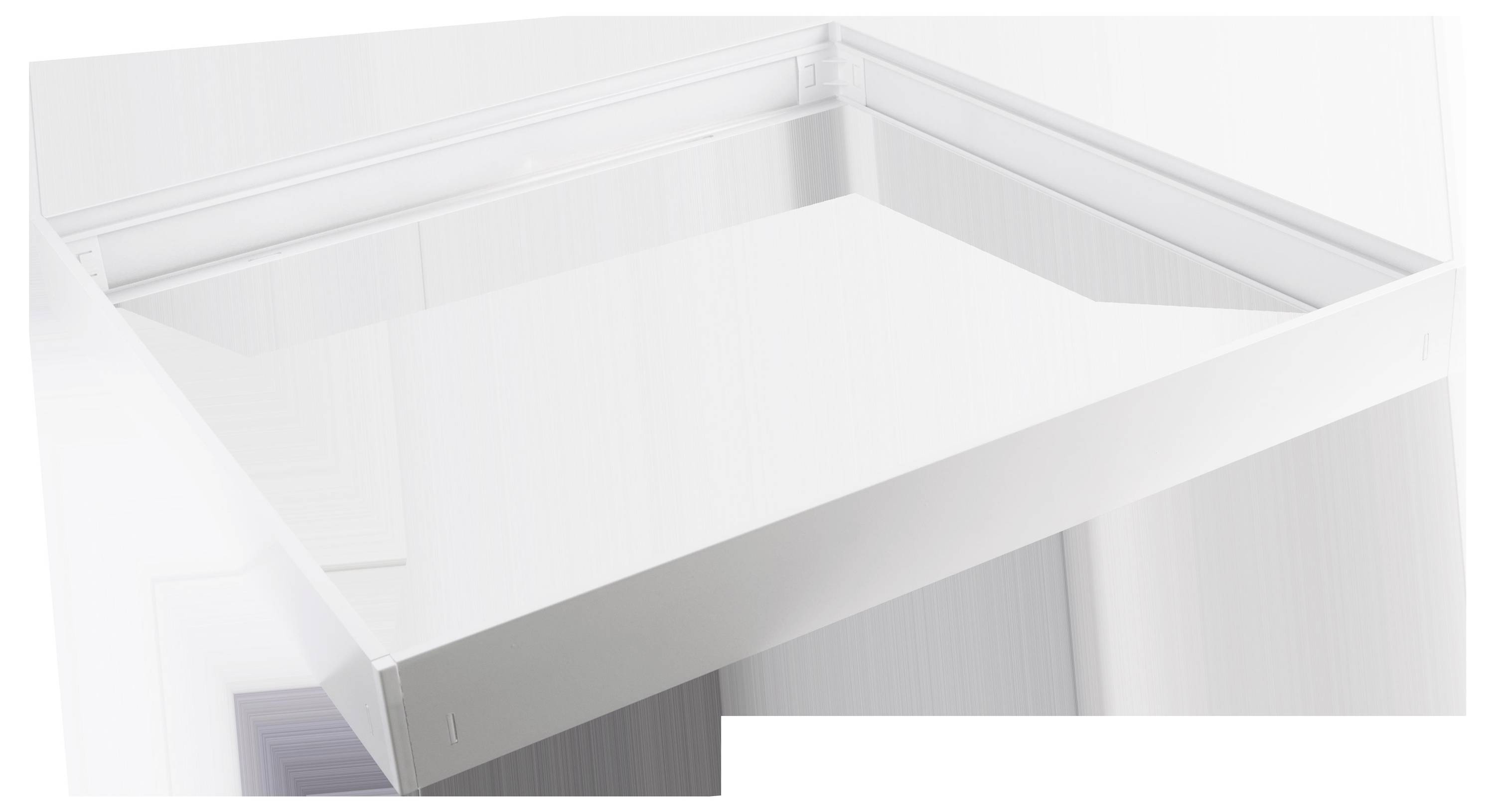 Biały, kwadratowy metalowy rama, który wydaje się być przeznaczony do montażu w systemie sufitowym lub ściennym.